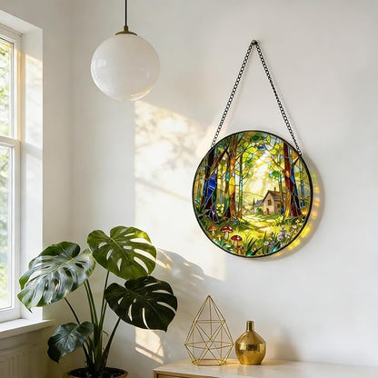 7.8 Inch Stained Glass Window Hanging, Forests and Trees Sun Catchers Glass Panel Green Suncatcher Decor for Birthday for Women, Men, Wife, Aunt, and Mom