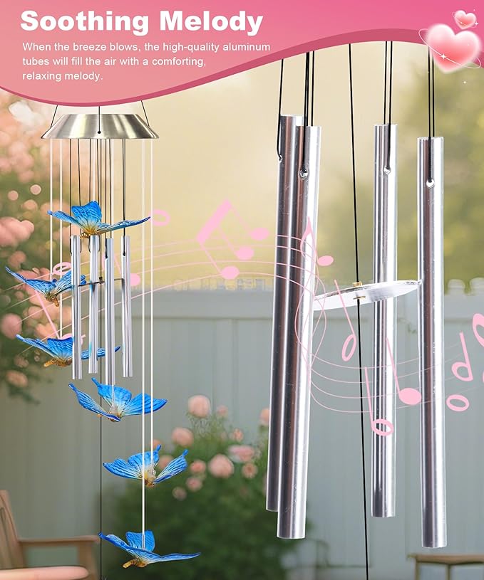 Nacome Wind Chimes for Outside: Tubes Memorial Wind Bell Mother's Day Birthday Gifts for Mom Women Grandma Her - Yard Garden Indoor Outdoor Decor (Butterfly)