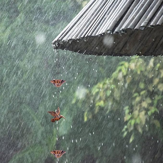 8.5Ft Copper Rain Chains for Gutters, Lotus Rain Catcher Chain for Gutters Outside with Adapter, Hummingbird and Cup Rain Chains for Gutters, Metal Rainwater Catcher Chain