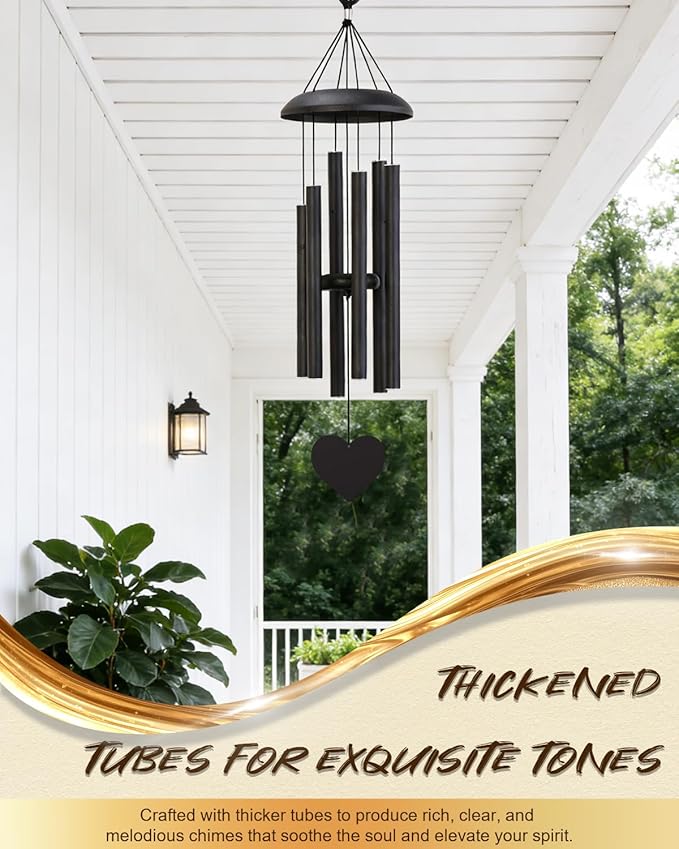 32" Deep Tone Wind Chimes for Outside, Tuned C Major Aluminum Wind Chime with Gift Envelope, Sympathy Memorial Wind Chime for Garden Patio Porch Decor, Heart Design, Black