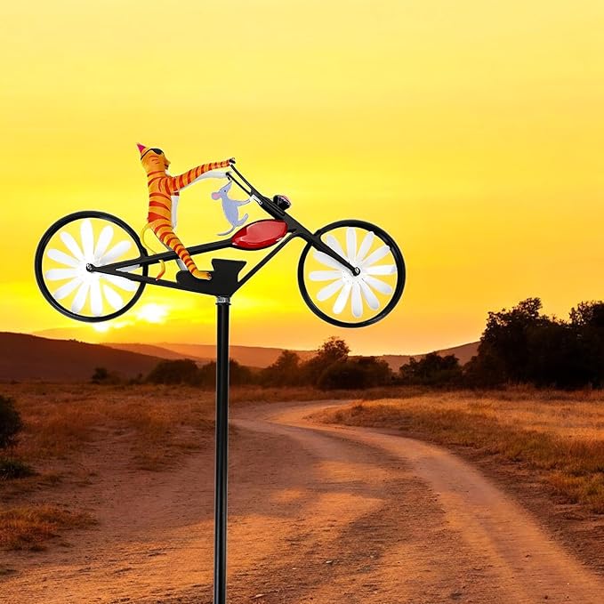 Vintage Cat Bicycle Wind Spinner, Funny Animal Riding Bike Metal Spinners Decoration Sculptures, Colorful Kinetic Pinwheels with Stakes for Yard Garden Lawn, Pet Pin Wheels Outdoor Decor