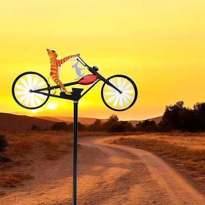 Vintage Cat Bicycle Wind Spinner, Funny Animal Riding Bike Metal Spinners Decoration Sculptures, Colorful Kinetic Pinwheels with Stakes for Yard Garden Lawn, Pet Pin Wheels Outdoor Decor
