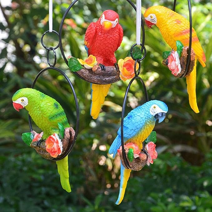 Lifelike Parrot Garden Statues,Resin Parrot Hanging Garden Decor Swing Figurine Ornaments,Parrot Statues for Outside Realistic Bird Sculptures Garden Patio Yard Lawn Figurines for Tree Wall (4pcs)