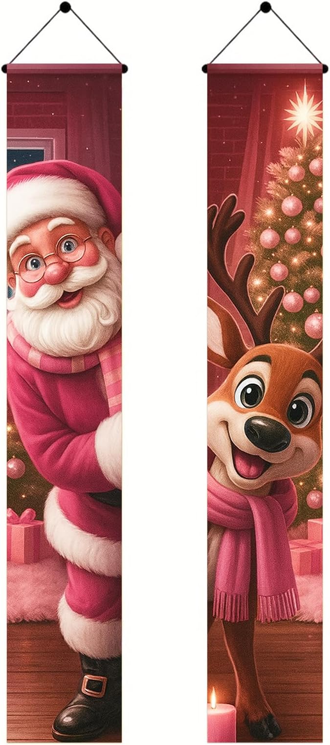 BlissYard Christmas Porch Banners 12x71 Inch Merry Christmas Banner Snowflakes Reindeer Pink Santa Door Cover Winter Holiday Banner Xmas Door Decor Welcome Hanging Signs for Front Door Porch Outdoor Home Party Decorations