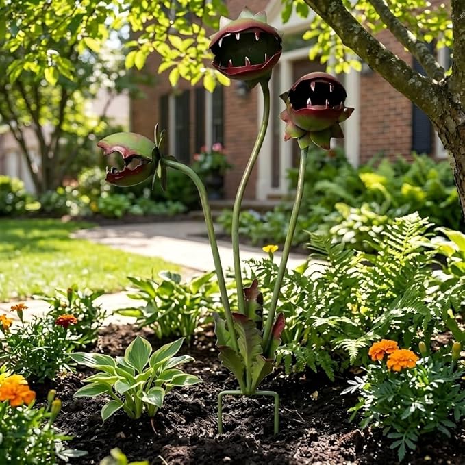 Carnivorous Piranha Plant Metal Garden Stake Decor - Whimsical Handmade Iron Sculpture for Creepy Decorative Garden Sculpture Stake for Lawn, Unique Metal Art Ornament for Gift