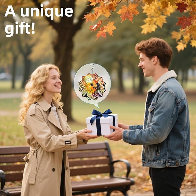 8 Inch Sublimation Wind Spinner, 3D Aluminum Metal Wind Spinner with Hook, Indoor Yard Garden Hanging Decoration, Weather Resistant Rotating Spiral Ornament, Witch and Black Cat