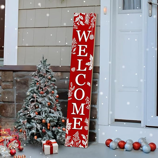 Christmas Porch Sign Xmas Welcome Sign Vertical Standing Sign For Front Porch Decor Farmhouse Wall Hanging for Patio Yard Party Indoor Outdoor Winter Holiday Decoration 47.2"H Red