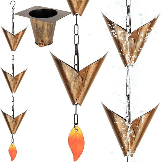 8.6 FTRain Chain Set with Adapter, Anti-Rust Rain Chain for Out Side with Glass Leaf Decoration,12 Cups Rain Chain for Gutter,Garden Decoration for Family,Friends(Brown)