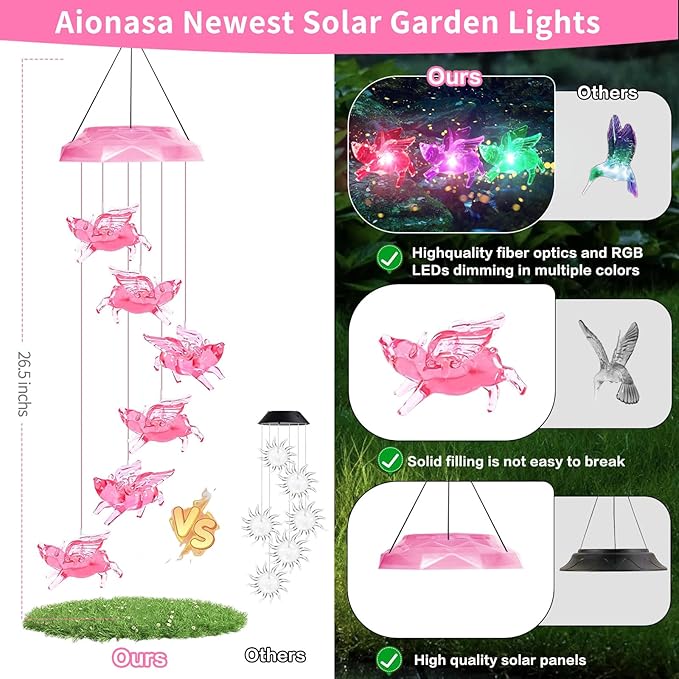 Solar Wind Chimes for Outside- Pig Wind Chimes Pink,7 Colors Changing Outdoor Waterproof Flying Pig LED Wind Bell, Patio Garden Yard Decor (Mom, Women, Gardening Gifts)