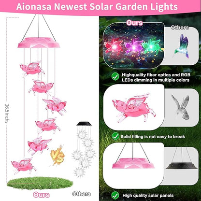 Solar Wind Chimes for Outside- Pig Wind Chimes Pink,7 Colors Changing Outdoor Waterproof Flying Pig LED Wind Bell, Patio Garden Yard Decor (Mom, Women, Gardening Gifts)