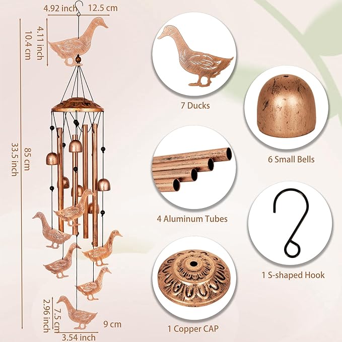 GDNSFIT Duck Wind Chimes for Outside, Metal Windchimes Outdoors, Duck Gifts for Women/Men, Memorial/Birthday Gifts, Garden Decor for Outside, Patio or Yard, Durable Chimes for Outdoors
