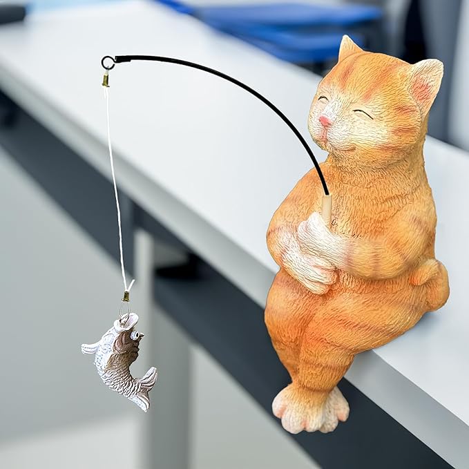 Garden Funny Orange Cat Pond Statue - 11" Cat Fishing Poolside Decor, Animals Outdoor Statue