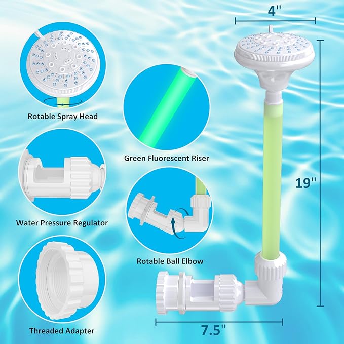 Pool Fountain for Above & Inground Pools – 360° Adjustable Pool Waterfall, Pool Sprinkler Fountain with 4 Spray Modes, Green Glow-in-The-Dark Riser – Swimming Pool Cooler & Pool Accessories