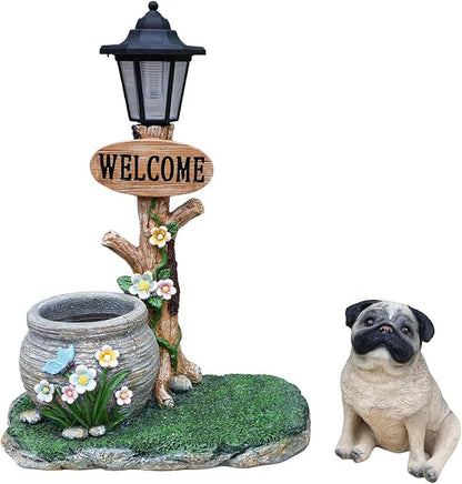 20" Solar Bulldog Garden Statue with Welcome Sign & Planter - Large Dog Sculpture with LED Street Lantern - Weatherproof Resin Decorative Flower Pot for Porch, Yard & Patio - Pet Lover Gift
