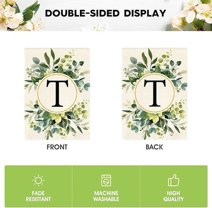 AVOIN colorlife Monogram Letter T Floral Garden Flag 12x18 Inch Double Sided Outside, Family Last Name Initial Yard Outdoor Decoration