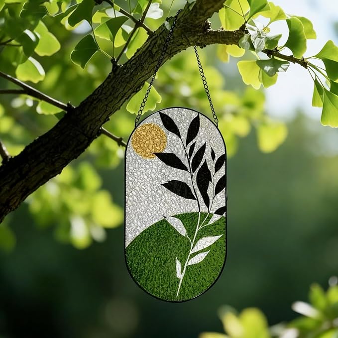 Stained Glass Window Hanging, Green Foliage Twig Plants Leaves Sun Catchers Indoor Window, Artistic Yoga Home Indoor Entryway Wall Decor Gifts for Women Wife Men Kids Birthday