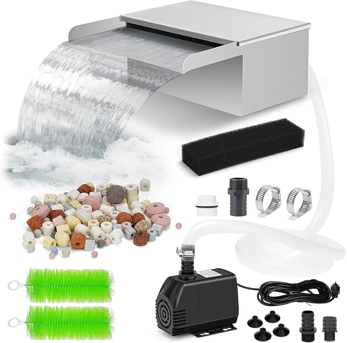 Pond Waterfall Spillway with Filter and Pump Kit - 304 Stainless Steel Ponds Waterfall Box,800 GPH Pump,9.8FT Oxford Hose,Garden Water Features