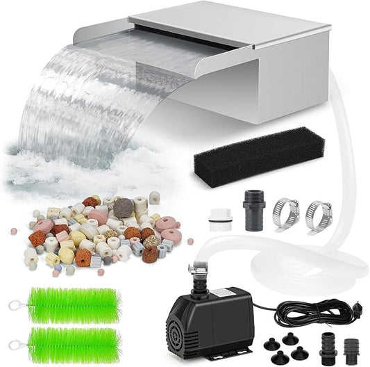 Pond Waterfall Spillway with Filter and Pump Kit - 304 Stainless Steel Ponds Waterfall Box,800 GPH Pump,9.8FT Oxford Hose,Garden Water Features