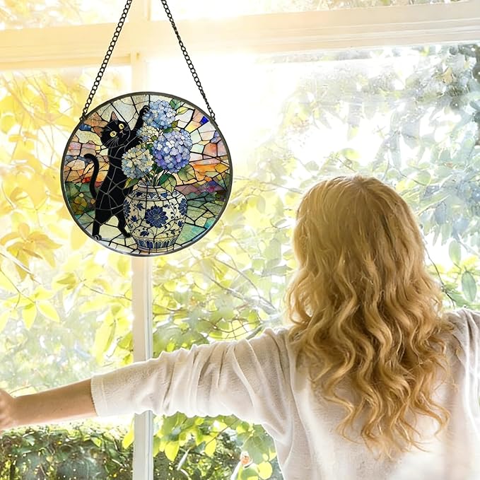 Chinoiserie Hydrangea Black Cat Stained Glass Window Hanging, Funny Cat Flower Suncatcher Indoor Window Glass Round Wall Art Decor, 7.9x7.9 Inch