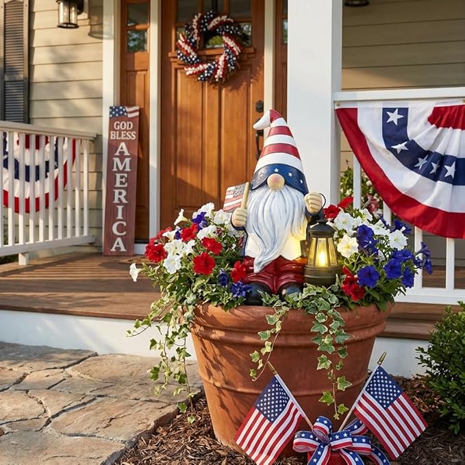 TERESA'S COLLECTIONS 4th of July Gnome Decorations with Solar Lantern, Memorial Day Decorations Resin Patriotic Garden Gnome Holding American Flag, USA 250th Anniversary Independence Day Gift 8"