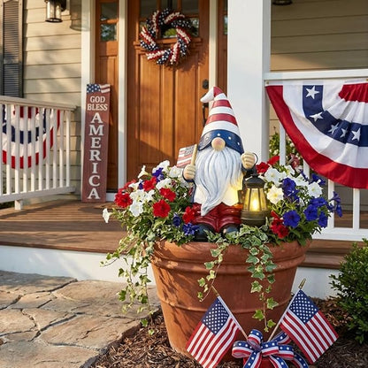 TERESA'S COLLECTIONS 4th of July Gnome Decorations with Solar Lantern, Memorial Day Decorations Resin Patriotic Garden Gnome Holding American Flag, USA 250th Anniversary Independence Day Gift 10"