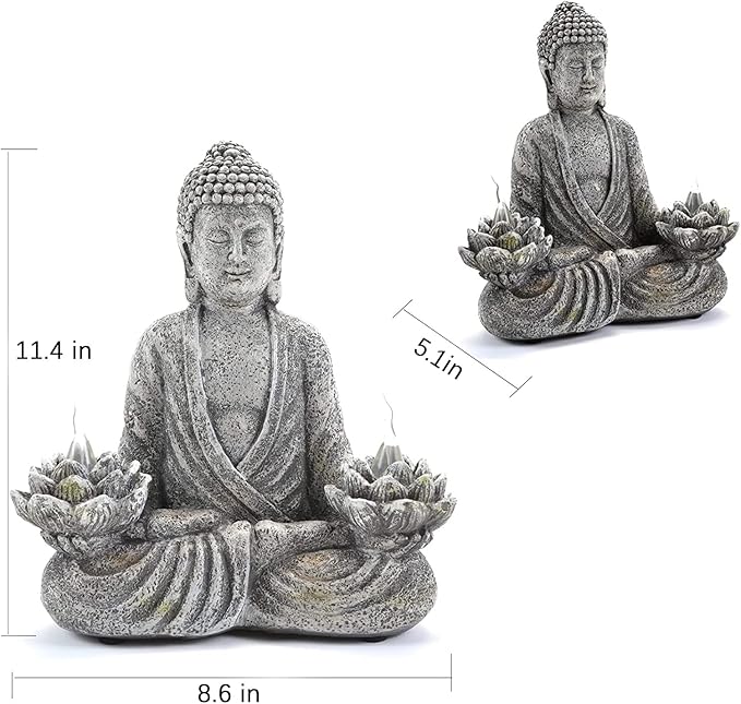IVCOOLE Buddha Statue Zen Sculpture 11.4in Yoga Garden Decor with LED Solar Lotus Lights, Sitting Meditating Buddha Serene Resin Figurine for Patio Yard Lawn Ornaments,Inside or Outside