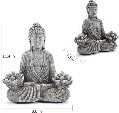 IVCOOLE Buddha Statue Zen Sculpture 11.4in Yoga Garden Decor with LED Solar Lotus Lights, Sitting Meditating Buddha Serene Resin Figurine for Patio Yard Lawn Ornaments,Inside or Outside