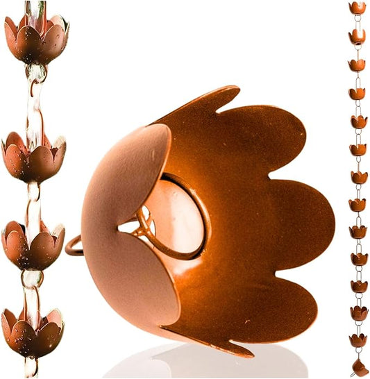 Happy Gardens Handcrafted Lily Cup Rain Chain (Flamed Finish) Outdoor Metal Hanging Rainwater Catcher for Outside Yard Gutter Downspout Substitute for Drainage