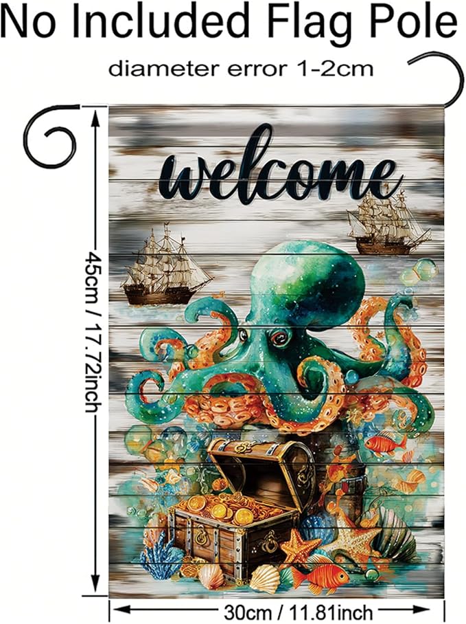 Spring Summer Garden Flag 12x18 Inch Nautical Octopus Treasure Chest Welcome Ocean Sea Pirate Ship Design Outdoor Yard Porch Lawn for Seasonal Coastal Home Decor