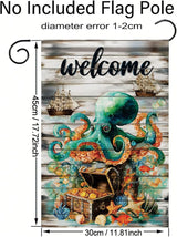 Spring Summer Garden Flag 12x18 Inch Nautical Octopus Treasure Chest Welcome Ocean Sea Pirate Ship Design Outdoor Yard Porch Lawn for Seasonal Coastal Home Decor