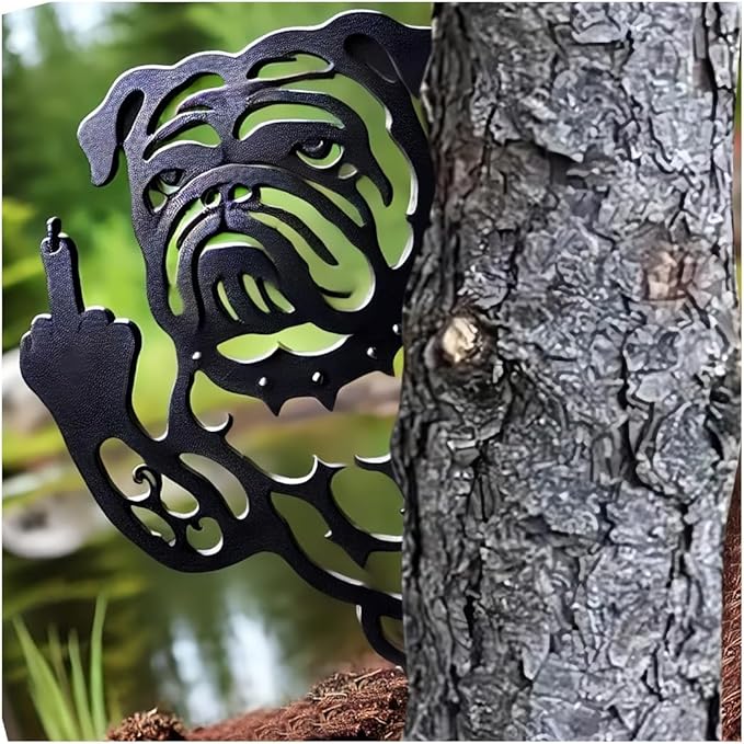 Funny Bulldog Metal Garden Decor Middle Finger Bulldog Dog, Large Garden Stakes Decorative Dogs Silhouette Statues for Yard Lawn Pathway Patio Ornaments (Peeping S)