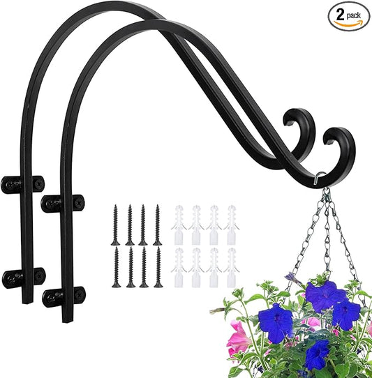 2 Pack 16 Inch Hanging Plant Brackets, Heavy Duty Outdoor Plant Hangers, Black Iron Steel Wall Hangers for Hanging Flower Basket, Bird Feeders, Lanterns, Wind Chimes