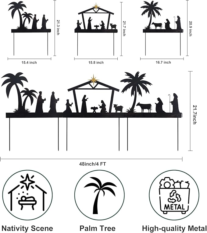 hogardeck Nativity Scene Outdoor, 48" 3 Pcs Metal Nativity Scene Decorative Garden Stakes for Outdoor Christmas Decorations, Holy Family Manger Scene Nativity Sets Yard Signs for Garden Lawn Patio