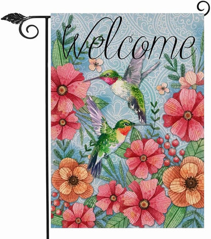 Hzppyz Welcome Spring Garden Flag Hummingbird, Decorative House Yard Lawn Outdoor Small Burlap Bird Flag Flower Decor, Vintage Summer Farmhouse Seasonal Outside Decorations Double Sided 12 x 18