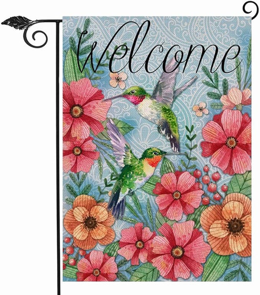 Hzppyz Welcome Spring Garden Flag Hummingbird, Decorative House Yard Lawn Outdoor Small Burlap Bird Flag Flower Decor, Vintage Summer Farmhouse Seasonal Outside Decorations Double Sided 12 x 18