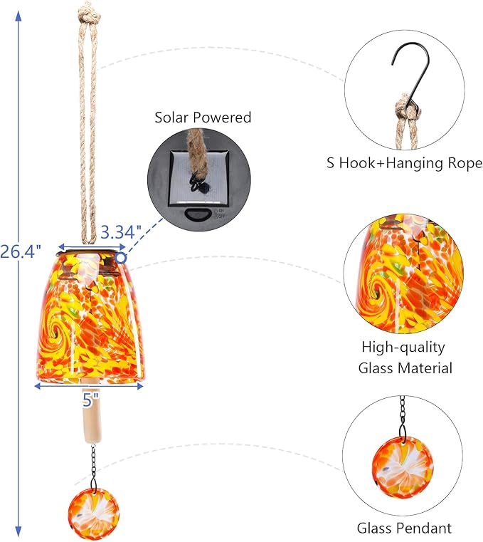 Taman Solar Wind Chime - 28" Glass Solar Lights Wind Chimes Valentine's Day Gift for Outside Deep Tone Decorative Mother's Day Memorial Gift for Home, Outdoor, Yard, Patio, Balcony, Garden Decor