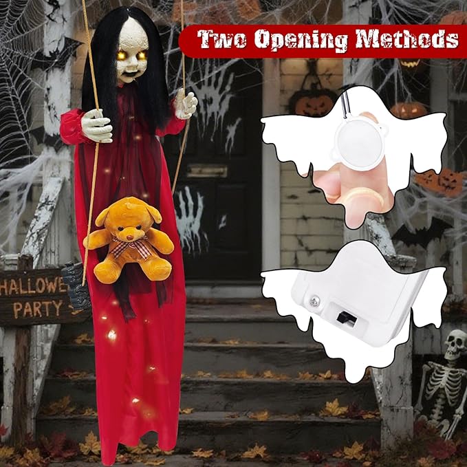 Outdoor Hanging Swinging Girl Halloween Decorations,Lighted Creepy Doll Halloween Dolls Scary Props for Garden Yard Lawn and Haunted House Decorations