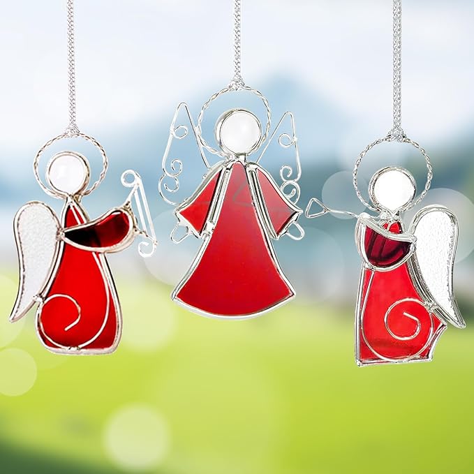 3PCS Handmade Angel Stained-Glass Sun-Catchers for Window Hangings, Stain Glass Angel Suncatchers Ornament Gifts for Women,Christmas Tree Decor Memorial Gifts for Mother's Day Valentine's Day