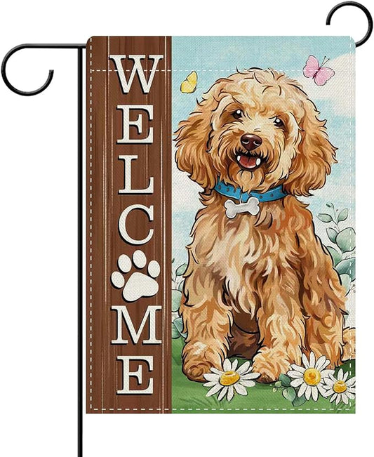 Dyrenson Welcome Goldendoodle Dog Decorative Garden Flag, Paw Print Yard Outside Home Decorations Pet Lover Gift, Spring Summer Burlap Outdoor Small Decor Double Sided 12 x 18
