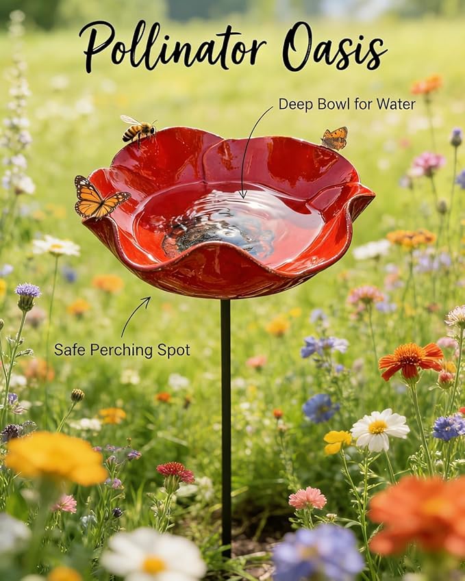 Metal Flower Garden Stakes Bird Bath Handmade, Bee Watering Station, Bees Bath for Garden Metal Bee Water Feeder with Flower Design, Colorful Butterfly Bees Bath Bowl for Outdoor Yard Decor (2PCS)