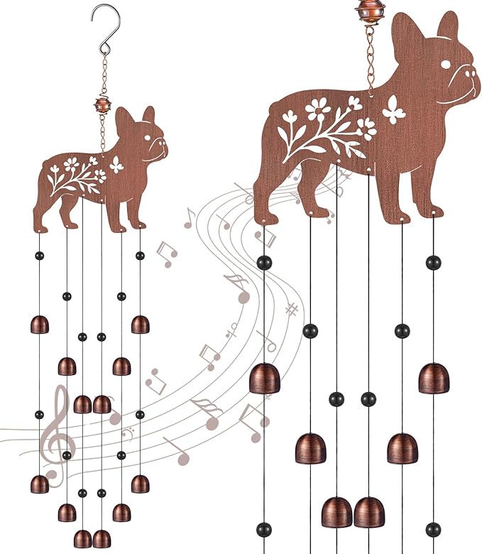Cinnvoice 24 Inch Metal Wind Chimes Decor for Outside Garden Birthday Gift for Women Men Bronze Windchimes Pet Memorial Gift with 12 Bell for Patio Yard Lawn Housewarming Front Yard(French Bulldog)