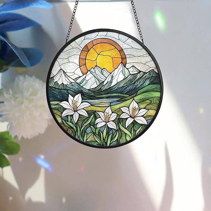 Bimkole Sun Mountain Stained Glass Suncatcher Window Hanging - Flowers Indoor Window or Doorway Decoration - Handmade Sun Catcher Decor for Garden Home Christmas & Birthday Gifts 7.87x7.87 Inch
