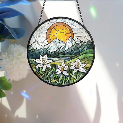 Bimkole Sun Mountain Stained Glass Suncatcher Window Hanging - Flowers Indoor Window or Doorway Decoration - Handmade Sun Catcher Decor for Garden Home Christmas & Birthday Gifts 7.87x7.87 Inch