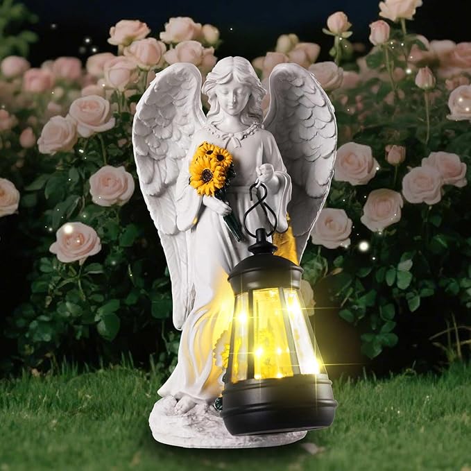 Sympathy Gifts for Loss of Loved One- 8.8" Resin Angel Figurines Holding Sunflowers Waterproof Angel Decor Cemetery Decorations for Grave-Grave Decorations for Cemetery