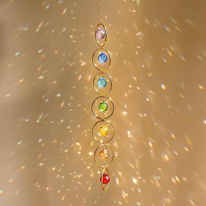 HDCRYSTALSGIFTS 7 Chakra Crystal Balls Prism Wind Spinner Suncatchers, Healing Crystals Sun Catcher Hanging for Indoor & Outdoor Windows Chakra Balancing Spiritual Gift for Meditation
