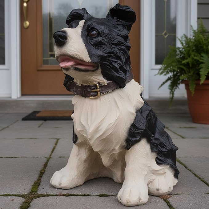 Elenon Dog Garden Statue Decorative for Yard, Black & White Border Collie Figurines Home Lawn Decor, Patio Kitten Tuxedo Statues Pets Memorial Ornament for Dog Lovers