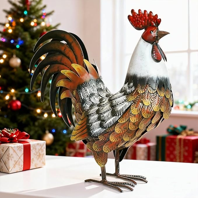 Kircust Garden Rooster Statues & Sculpture, Metal Chicken Animal Yard Art Lawn Ornament Figurines Artwork for Outdoor, Patio,Backyard and Home Kitchen Decoration