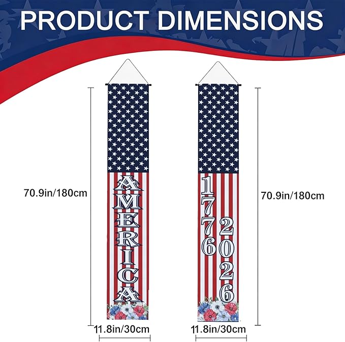 4th of July Decorations Outdoor - 2 Pack 250th Anniversary Patriotic Porch Banners with 6 USA Hand Flags, 1776-2026 Semiquincentennial Hanging Sign Set for Independence Day Party, Balcony Fence Garden Wall Decor