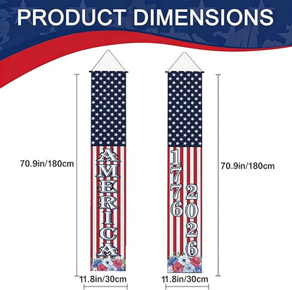4th of July Decorations Outdoor - 2 Pack 250th Anniversary Patriotic Porch Banners with 6 USA Hand Flags, 1776-2026 Semiquincentennial Hanging Sign Set for Independence Day Party, Balcony Fence Garden Wall Decor