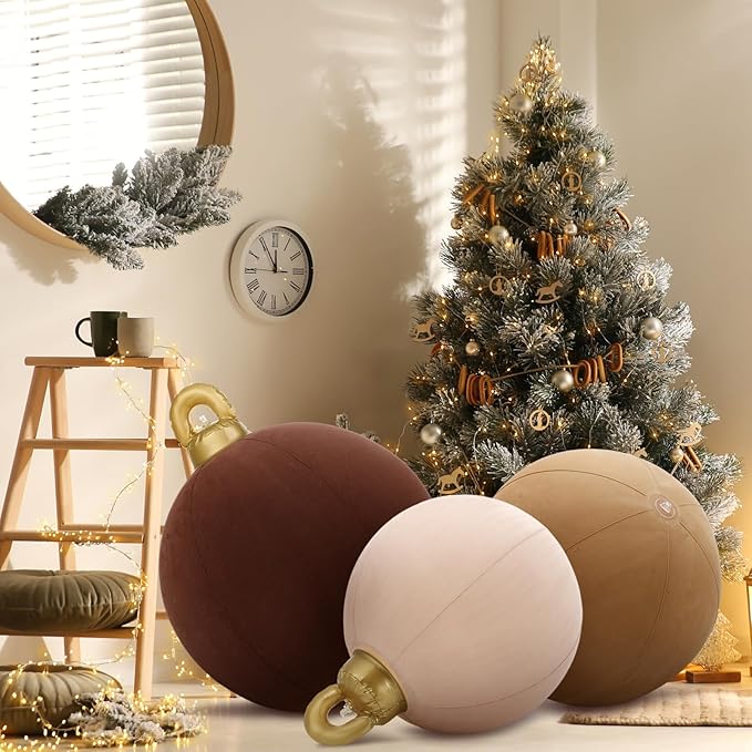 Jenaai 3 Pcs Giant Velvet Christmas Inflatable Ball Ornament Large PVC Christmas Inflatable Balls 3 Size 24" 20" 18" Xmas Hanging Ornaments Outdoor Decor for Lawn Porch Yard (Neutral)